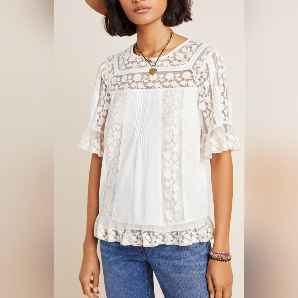 Cream Ruffled Lace Blouse with Bell Sleeves
